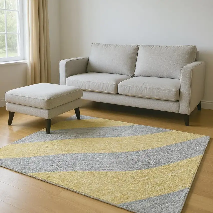 Silver And Gold Striped Washable Area Rug With UV Protection Photo 2