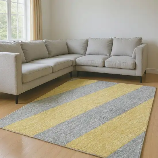 Silver And Gold Striped Washable Area Rug With UV Protection Photo 2