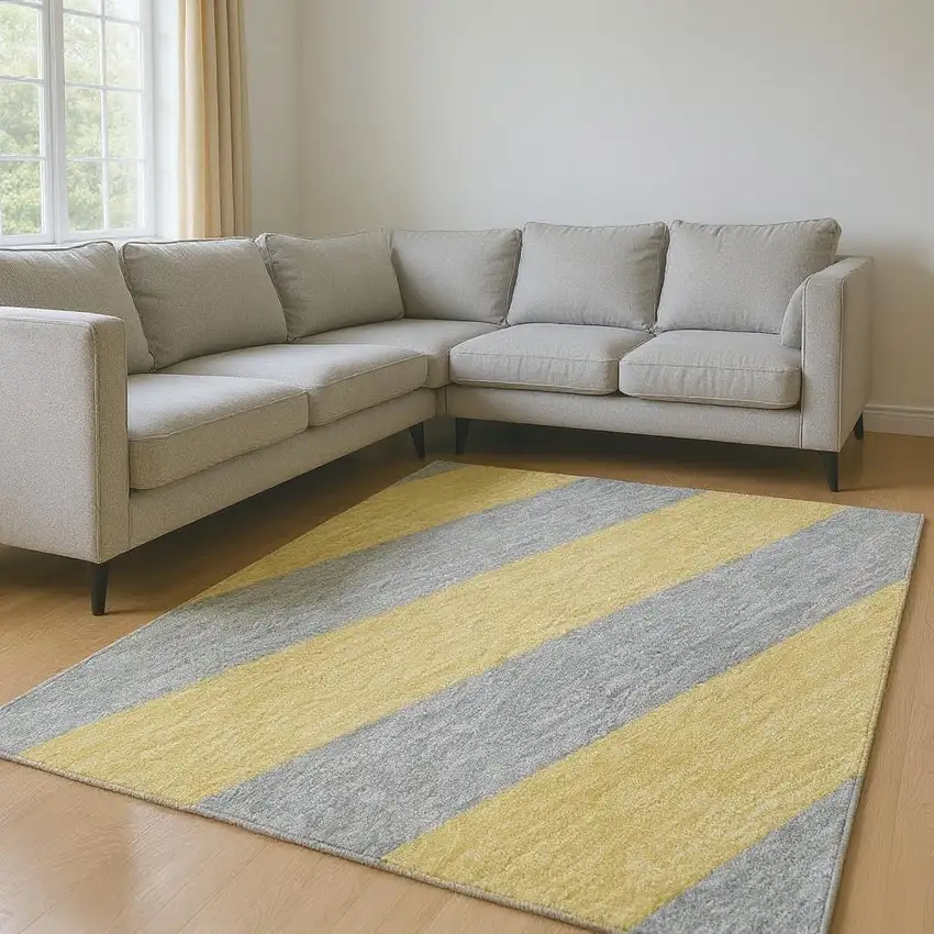 Silver And Gold Striped Washable Area Rug With UV Protection Photo 2