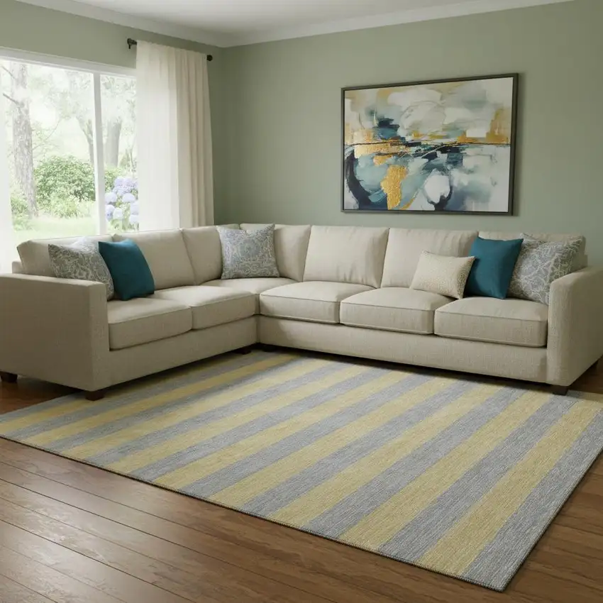 Silver And Gold Striped Washable Area Rug With UV Protection Photo 1