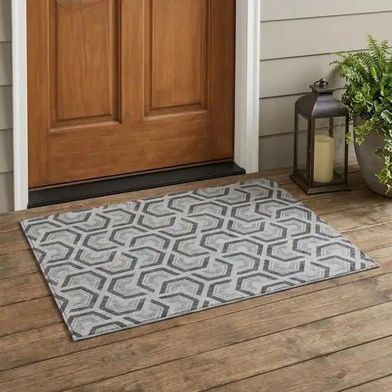 Silver And Graphite Geometric Washable Indoor Outdoor Area Rug Photo 1