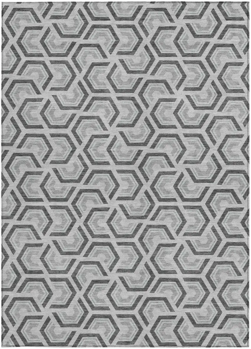 Silver And Graphite Geometric Washable Indoor Outdoor Area Rug Photo 4
