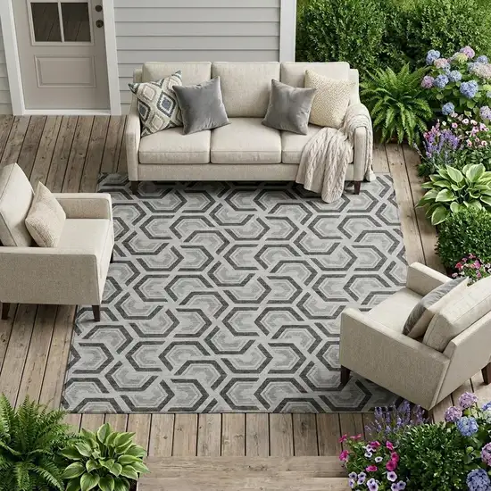 Silver And Graphite Geometric Washable Indoor Outdoor Area Rug Photo 1