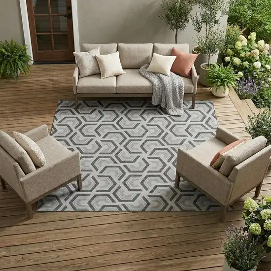 Silver And Graphite Geometric Washable Indoor Outdoor Area Rug Photo 1