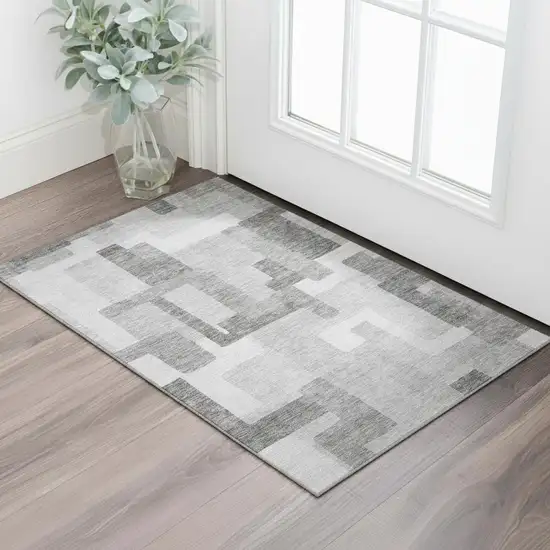 Silver And Gray Abstract Geometric Washable Area Rug With UV Protection Photo 1