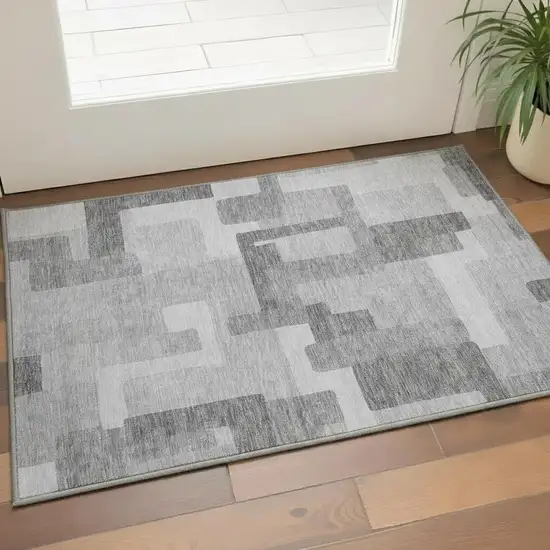 Silver And Gray Abstract Geometric Washable Area Rug With UV Protection Photo 2