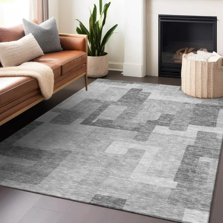 Silver And Gray Abstract Geometric Washable Area Rug With UV Protection Photo 6