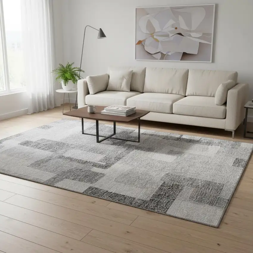 Silver And Gray Abstract Geometric Washable Area Rug With UV Protection Photo 2