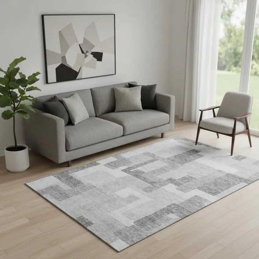 Silver And Gray Abstract Geometric Washable Area Rug With UV Protection Photo 1