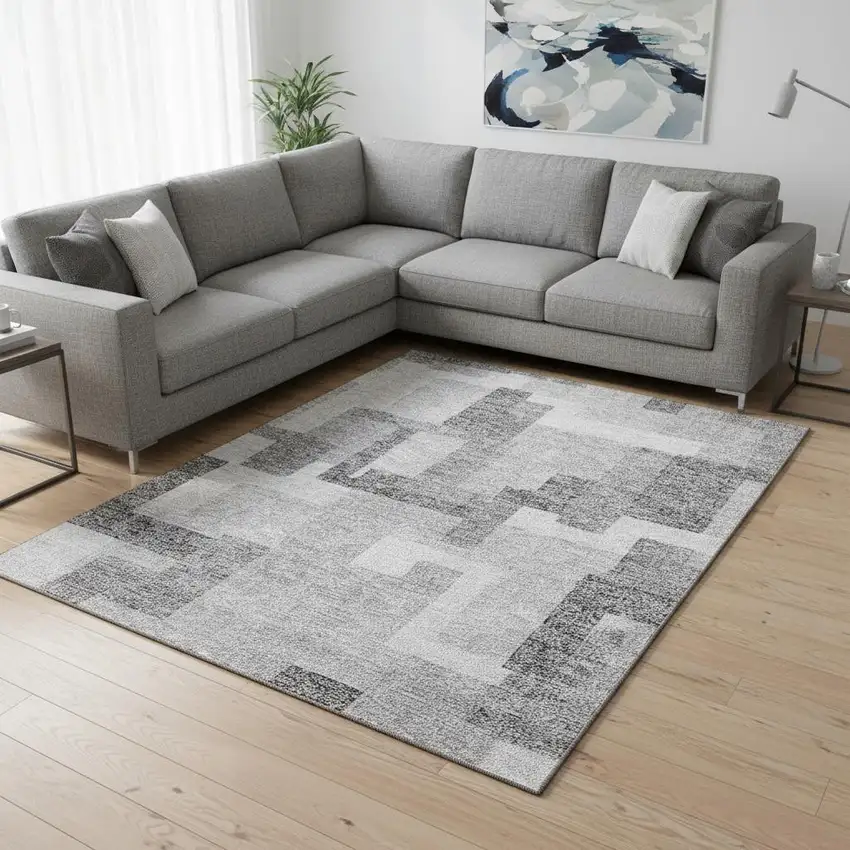 Silver And Gray Abstract Geometric Washable Area Rug With UV Protection Photo 2