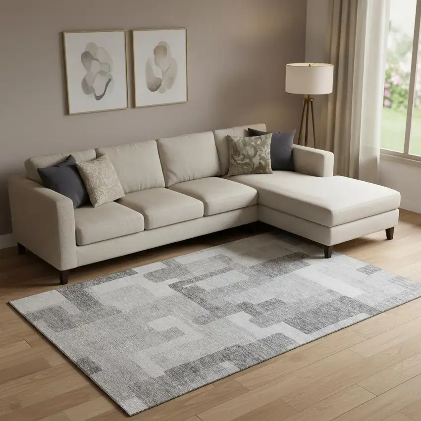 Silver And Gray Abstract Geometric Washable Area Rug With UV Protection Photo 1