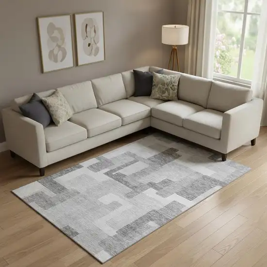 Silver And Gray Abstract Geometric Washable Area Rug With UV Protection Photo 1