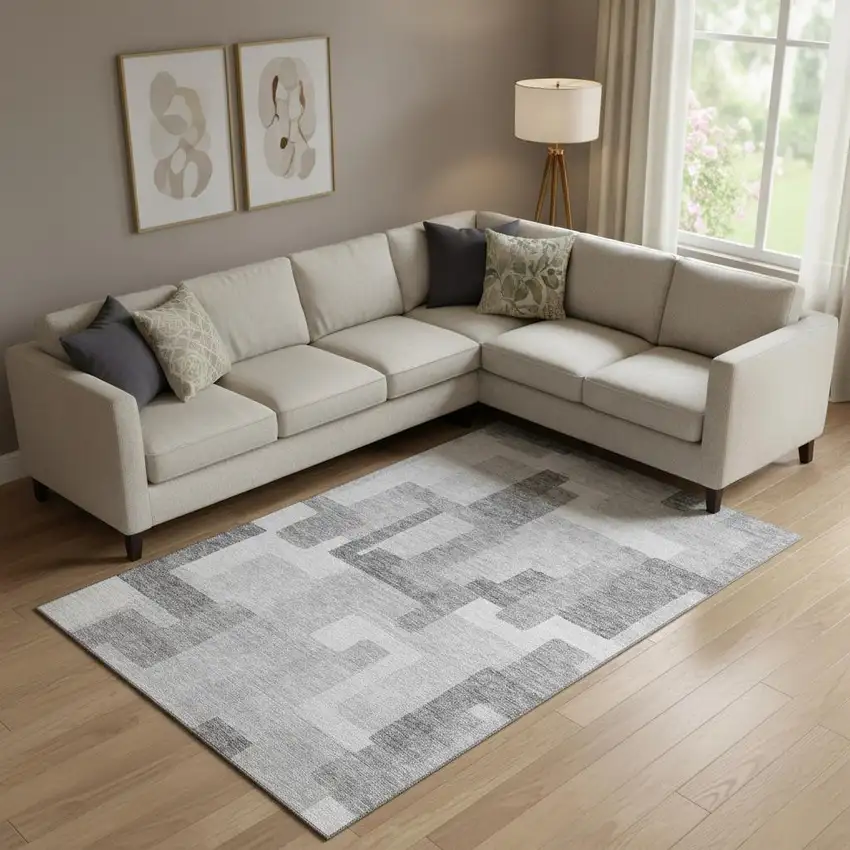 Silver And Gray Abstract Geometric Washable Area Rug With UV Protection Photo 1