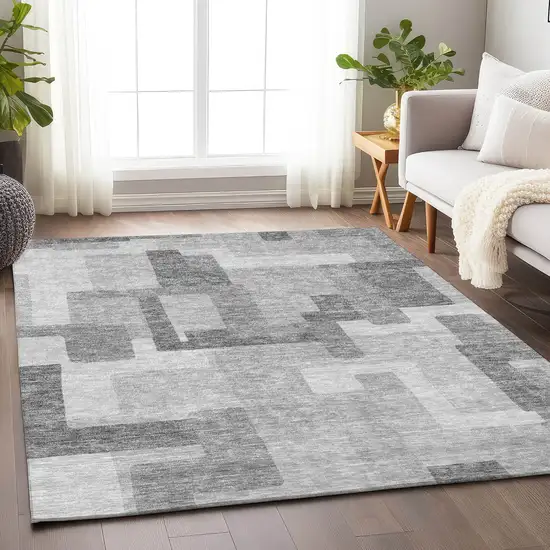 Silver And Gray Abstract Geometric Washable Area Rug With UV Protection Photo 5