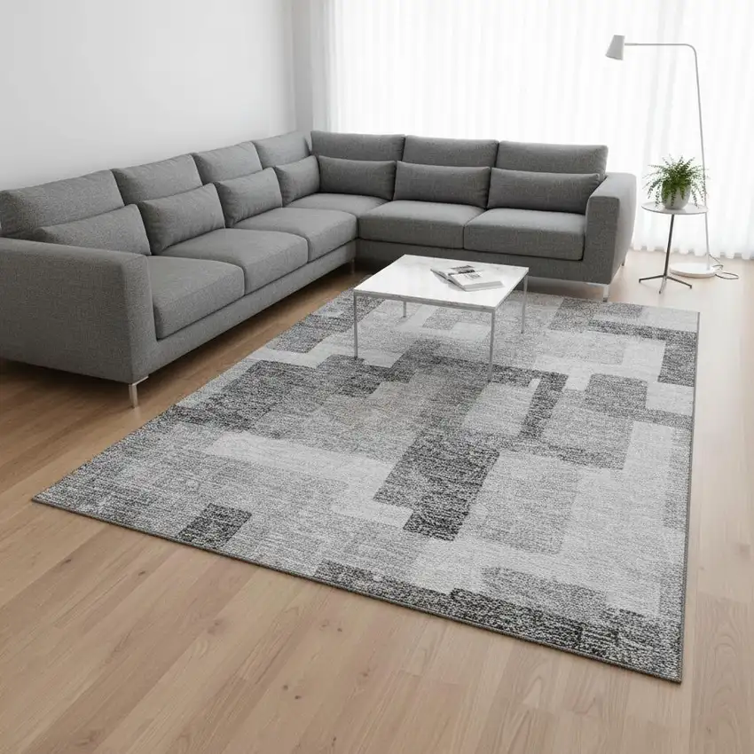 Silver And Gray Abstract Geometric Washable Area Rug With UV Protection Photo 2