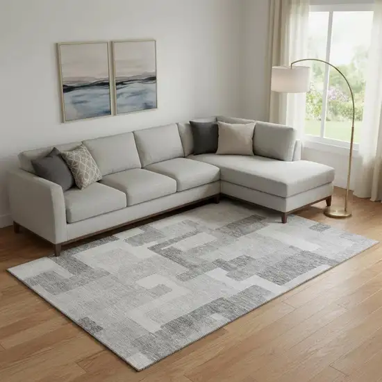 Silver And Gray Abstract Geometric Washable Area Rug With UV Protection Photo 1