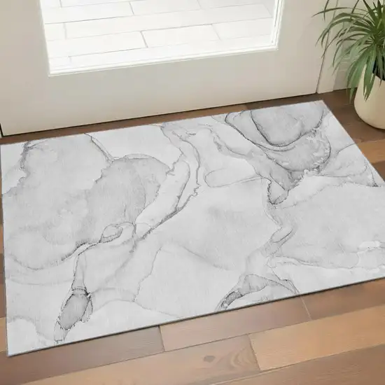 Silver And Gray Abstract Washable Area Rug With UV Protection Photo 1