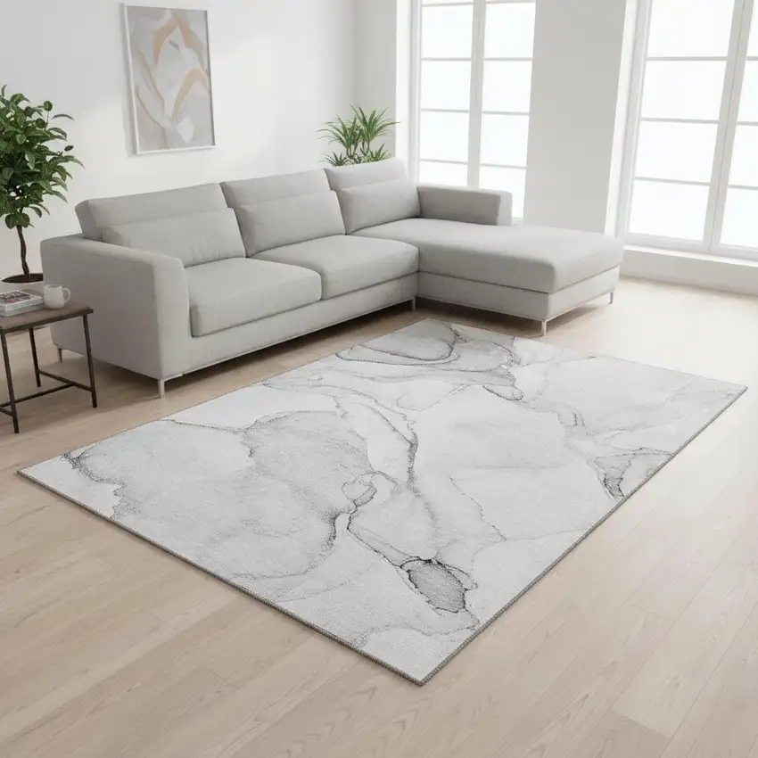 Silver And Gray Abstract Washable Area Rug With UV Protection Photo 2