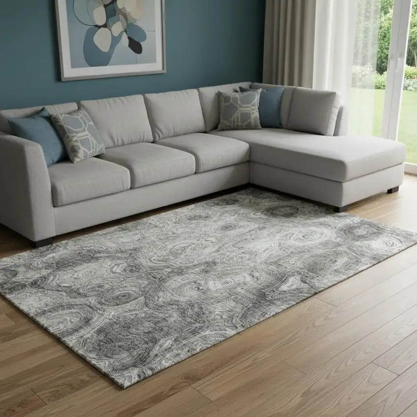 Silver And Gray Abstract Washable Area Rug With UV Protection Photo 1