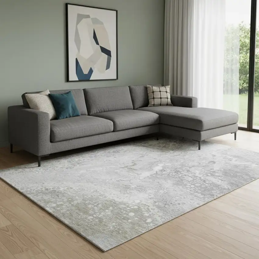 Silver And Gray Abstract Washable Area Rug With UV Protection Photo 1