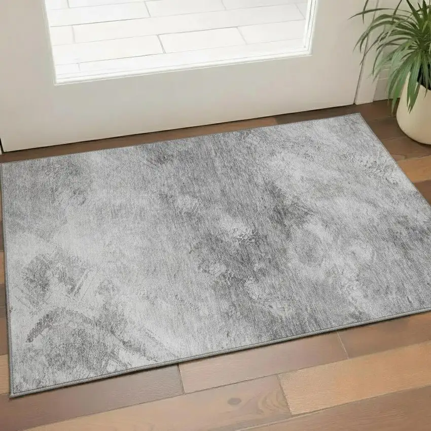 Silver And Gray Abstract Washable Area Rug With UV Protection Photo 1