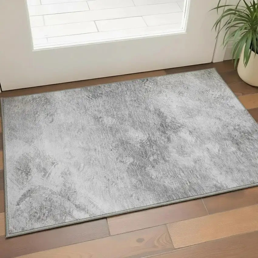 Silver And Gray Abstract Washable Area Rug With UV Protection Photo 1