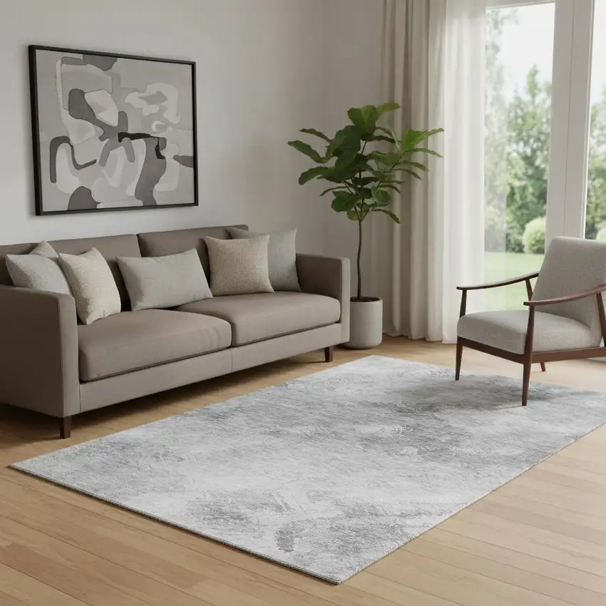 Silver And Gray Abstract Washable Area Rug With UV Protection Photo 1