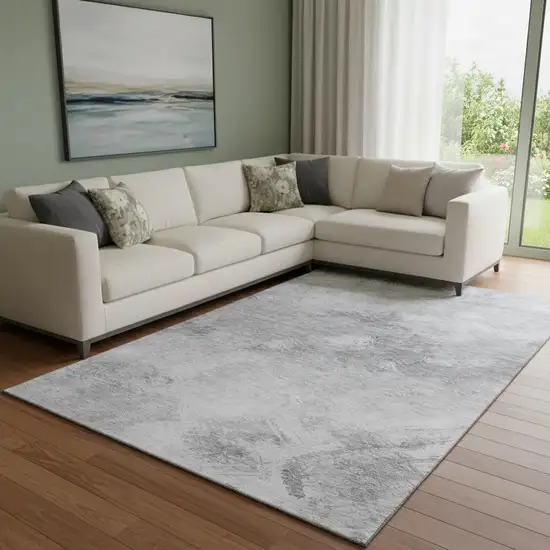 Silver And Gray Abstract Washable Area Rug With UV Protection Photo 1