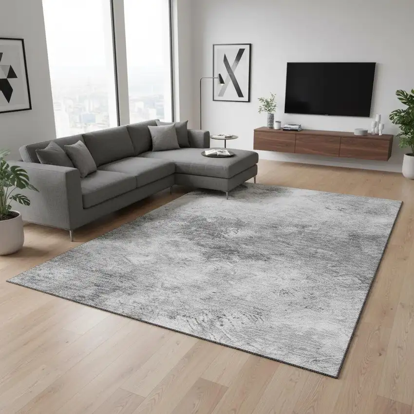 Silver And Gray Abstract Washable Area Rug With UV Protection Photo 2