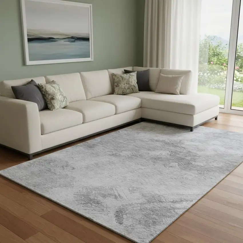 Silver And Gray Abstract Washable Area Rug With UV Protection Photo 1