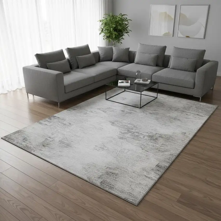 Silver And Gray Abstract Washable Area Rug With UV Protection Photo 2