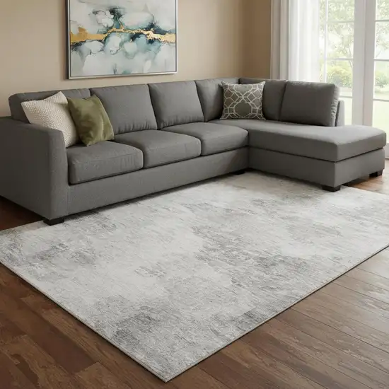 Silver And Gray Abstract Washable Area Rug With UV Protection Photo 1