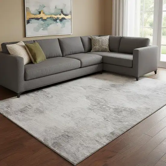Silver And Gray Abstract Washable Area Rug With UV Protection Photo 1