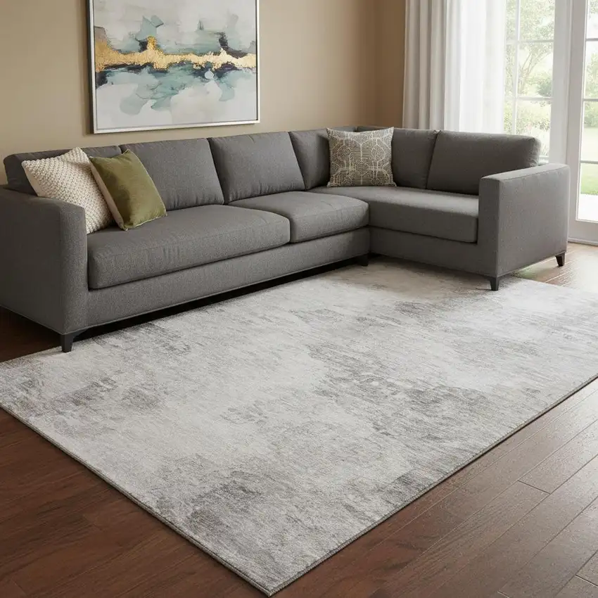 Silver And Gray Abstract Washable Area Rug With UV Protection Photo 1