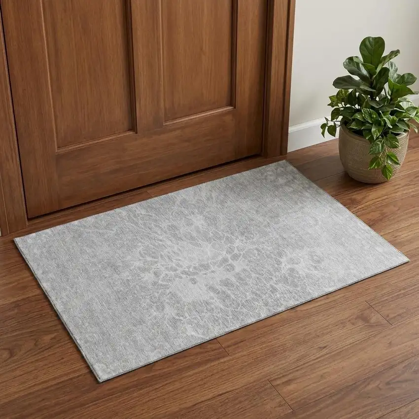 Silver And Gray Abstract Washable Area Rug With UV Protection Photo 1