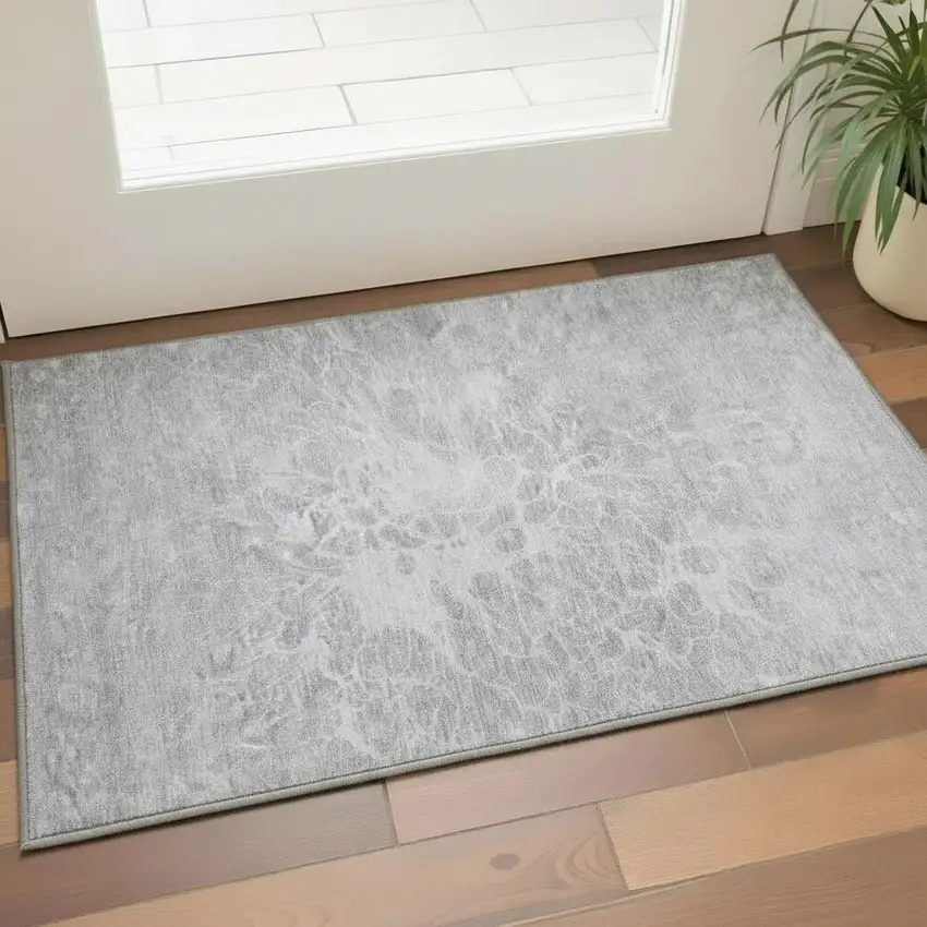 Silver And Gray Abstract Washable Area Rug With UV Protection Photo 2