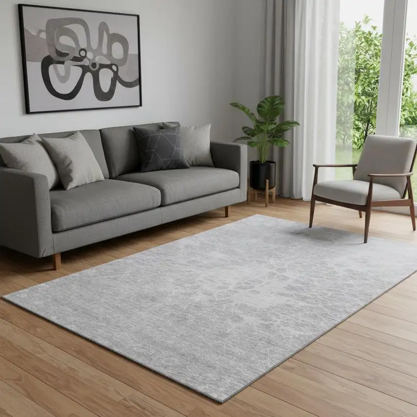 Silver And Gray Abstract Washable Area Rug With UV Protection Photo 1