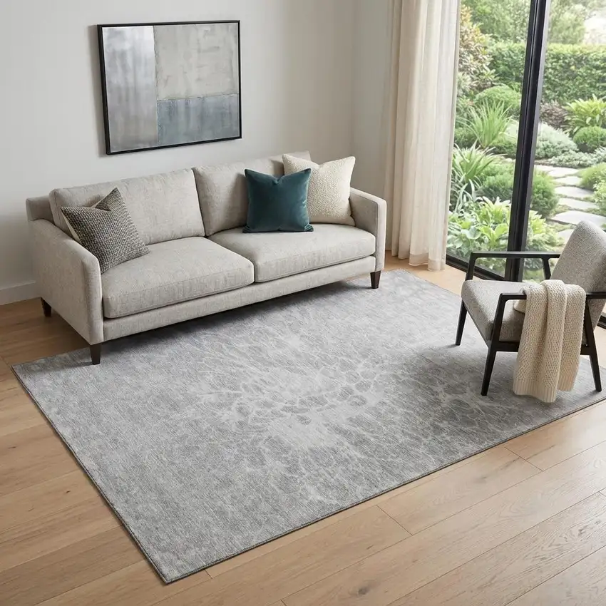 Silver And Gray Abstract Washable Area Rug With UV Protection Photo 1