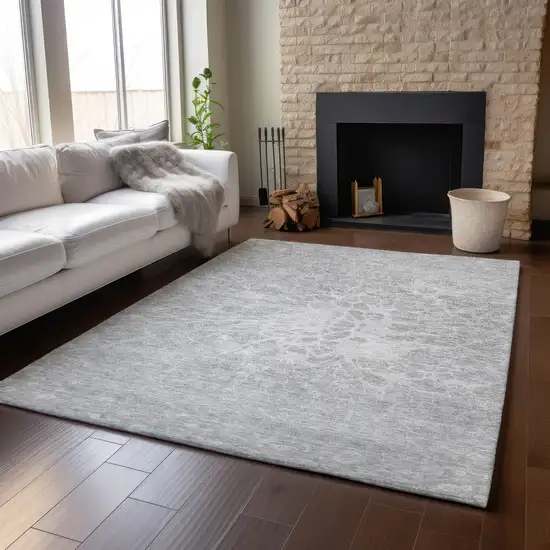 Silver And Gray Abstract Washable Area Rug With UV Protection Photo 6