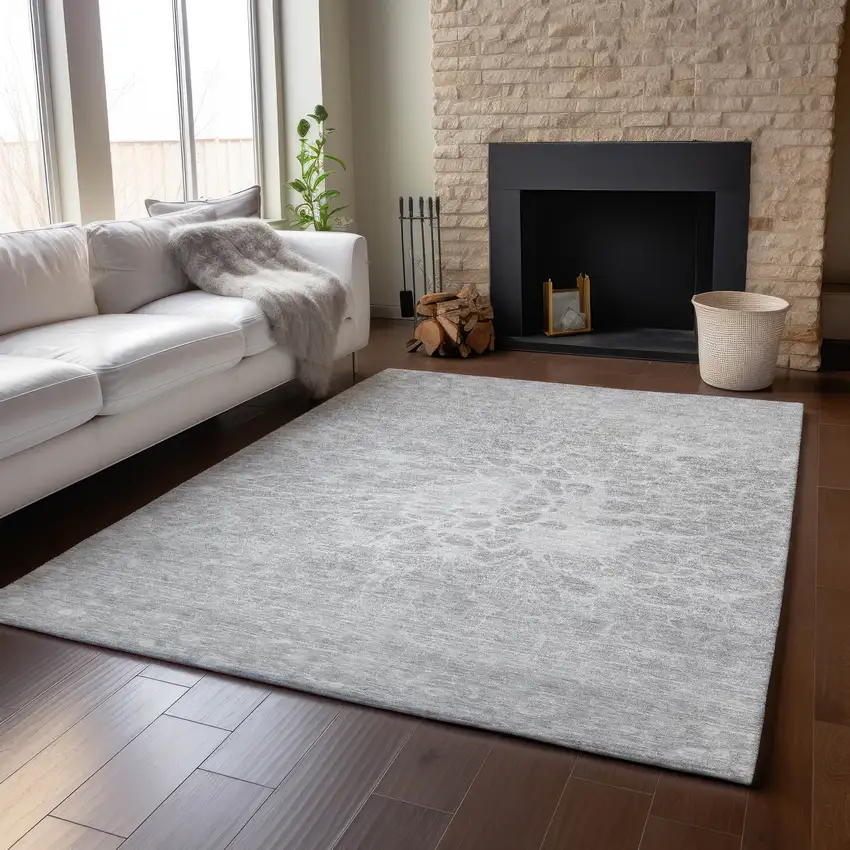 Silver And Gray Abstract Washable Area Rug With UV Protection Photo 6