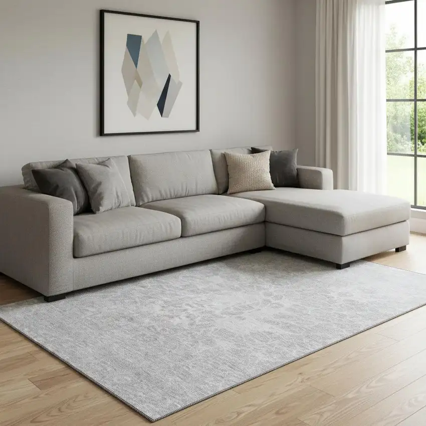 Silver And Gray Abstract Washable Area Rug With UV Protection Photo 1