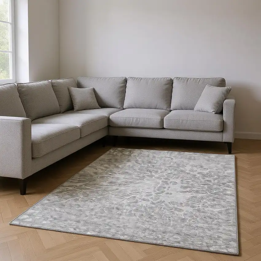 Silver And Gray Abstract Washable Area Rug With UV Protection Photo 2