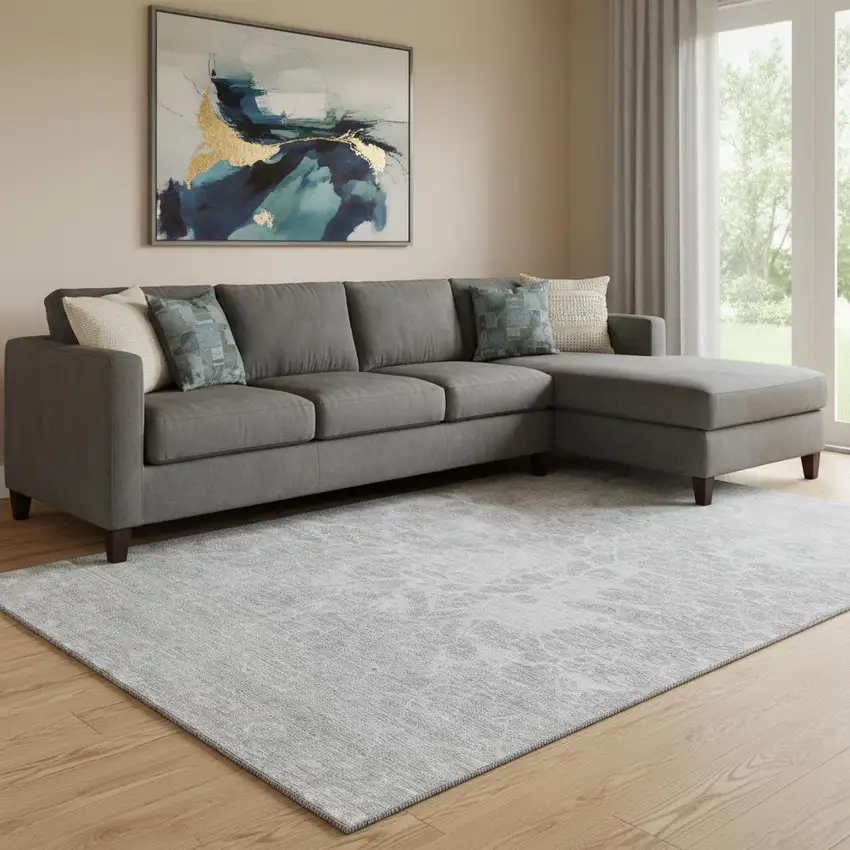 Silver And Gray Abstract Washable Area Rug With UV Protection Photo 1