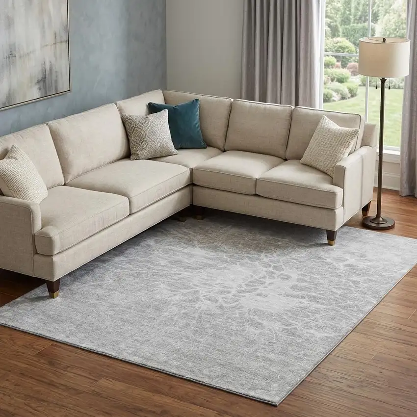 Silver And Gray Abstract Washable Area Rug With UV Protection Photo 1