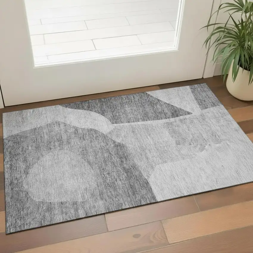 Silver And Gray Abstract Washable Area Rug With UV Protection Photo 1
