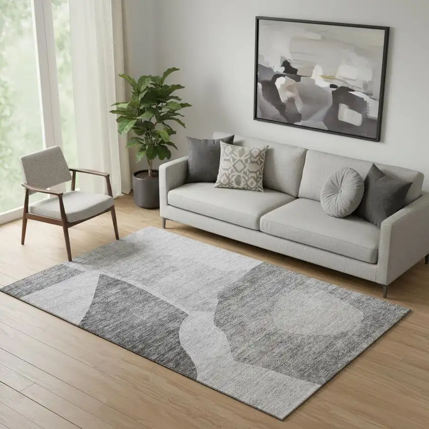 Silver And Gray Abstract Washable Area Rug With UV Protection Photo 1
