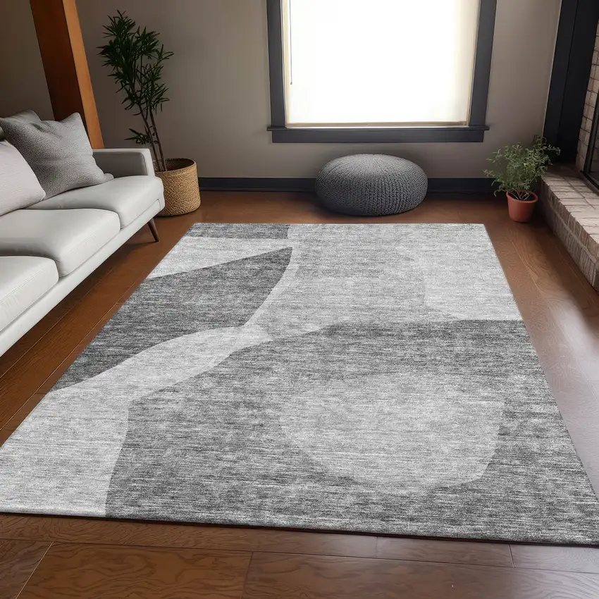 Silver And Gray Abstract Washable Area Rug With UV Protection Photo 4