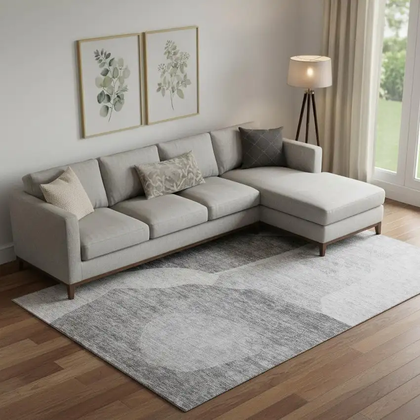 Silver And Gray Abstract Washable Area Rug With UV Protection Photo 1