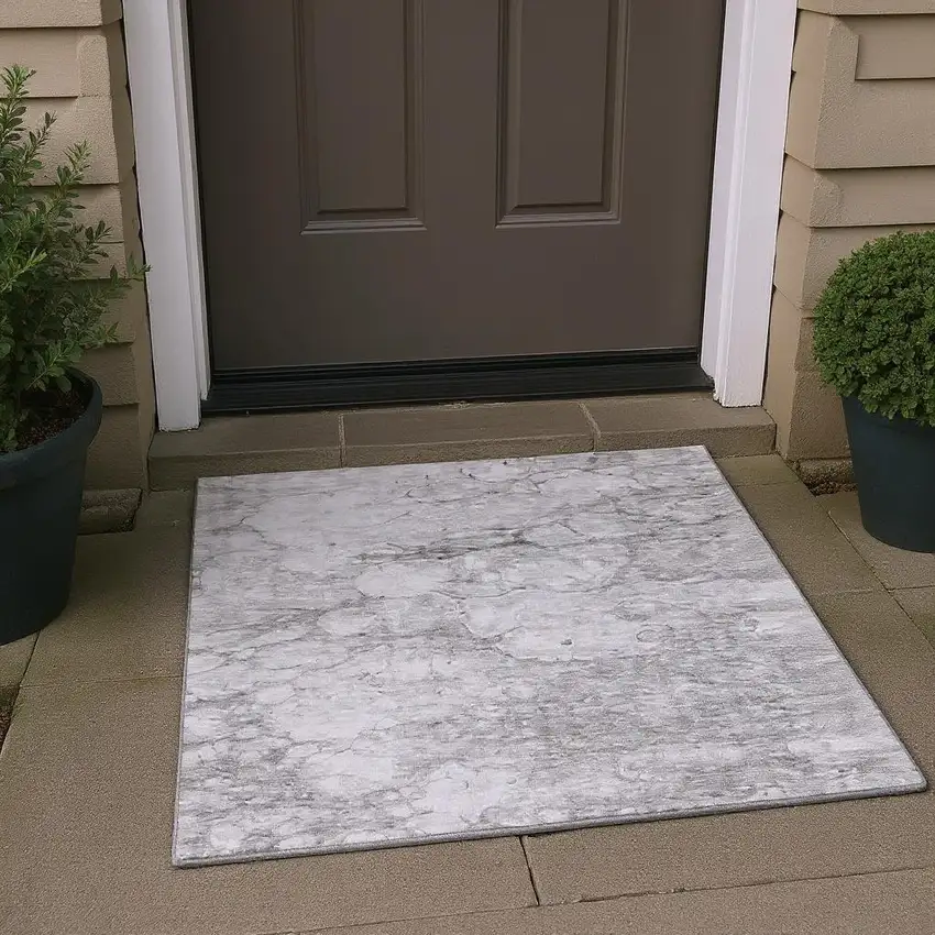 Silver And Gray Abstract Washable Area Rug With UV Protection Photo 2