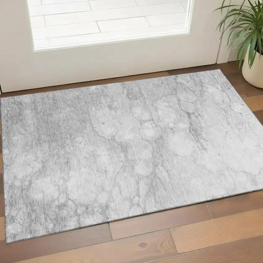 Silver And Gray Abstract Washable Area Rug With UV Protection Photo 1